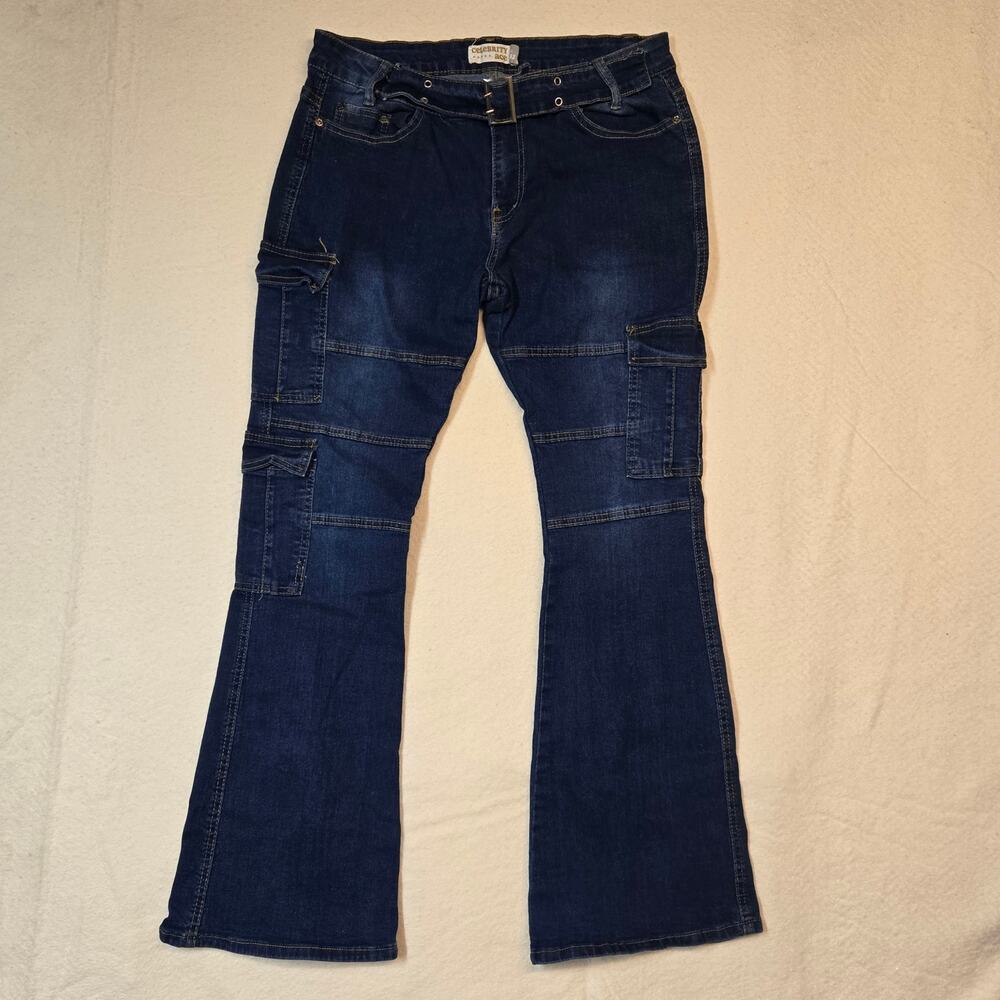 Celebrity Ace Womens Blue Flare Jeans Y2K Belted Cargo Streetwear Utility 15/32 - Picture 1 of 13